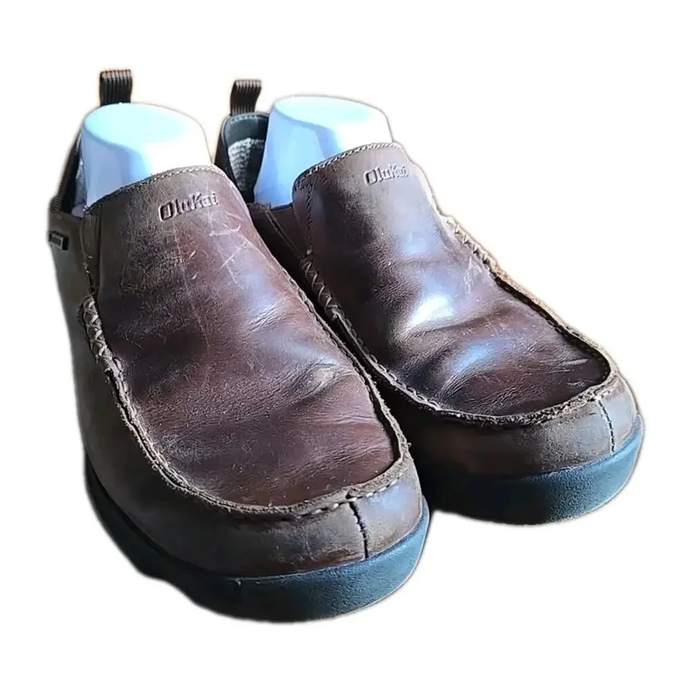 OluKai Na’i WP Brown Leather Waterproof Loafer Slip On Shoes Men's Size‎ 10.5